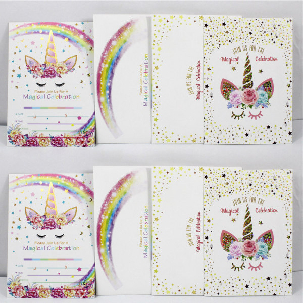24 stemplede enhjørning fødselsdagsinvitationskort Rainbow Star konvolutsæt (kort 2)
