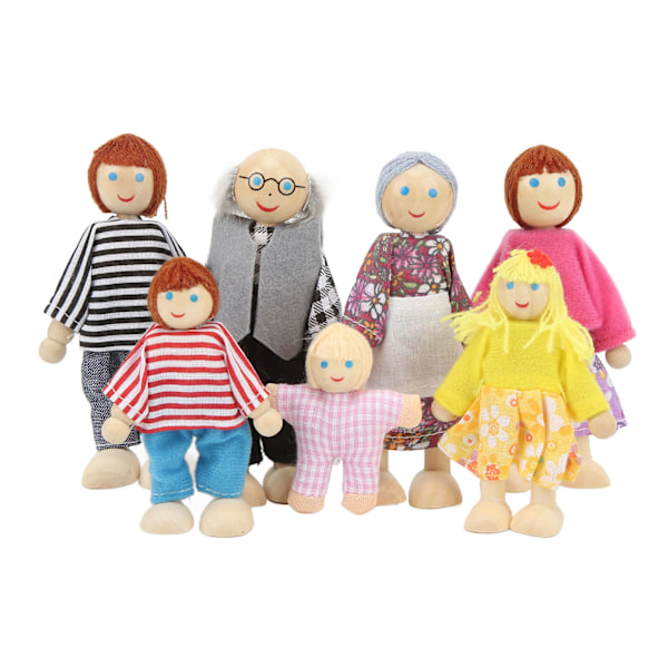 Trähusfamilj med söta dockor, 7 dockor, familjesimulering, leksakfigurer, 1:12 för dockhus