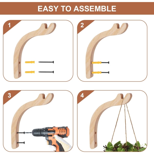 2-pak hængende planteophæng, træ hængende planteophæng hængende plantebeslag planteophæng træ hængende kurveophæng med skruer indendørs planteophæng