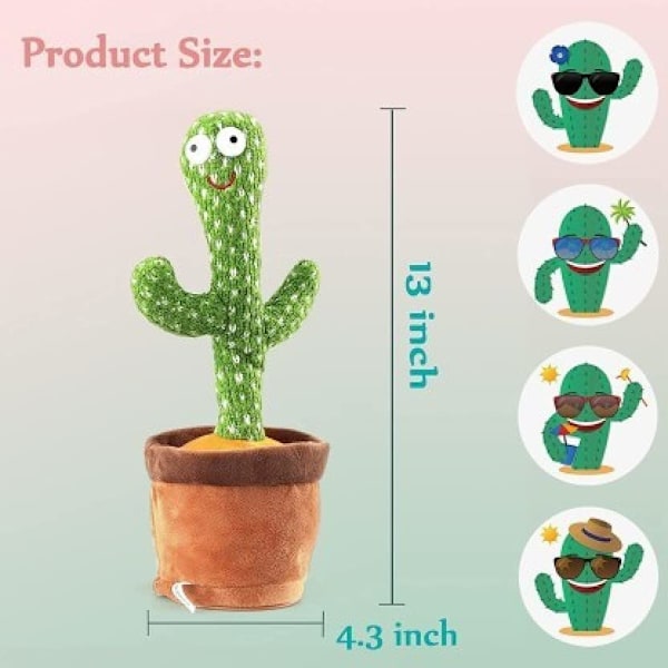 Dansende kaktusleketøy som snakker, gjentar det du sier, synger, danser, tar opp, LED (120 sanger) cactus