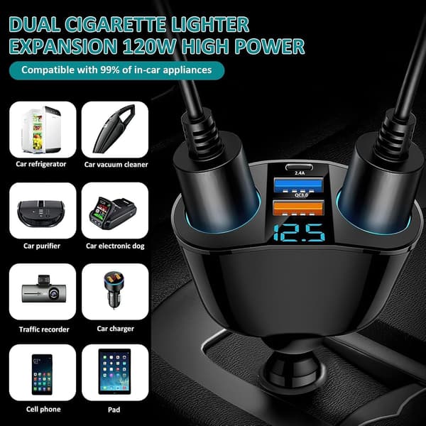 Dobbel USB QC3.0 og PD 12V 24V billader 120W Dobbel billader Hurtiglading Multiuttak LED Voltmeter USB billaderadapter Telefon GPS Kamera