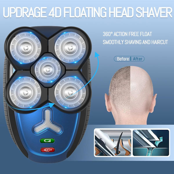 Hovedet Barbermaskine, Hovedet Barbermaskiner til Skaldede Mænd, Elektrisk Skaldet Hovedet Barbermaskiner til Mænd 5 i 1 Elektrisk Razor til Mænd Barbering Ledningsfri  Vådt/Tørt Plejesæt (Blå)