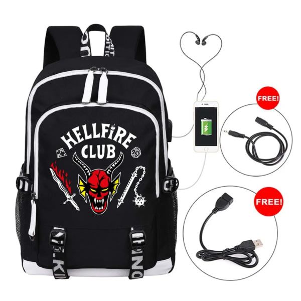 Svarta ryggsäckar Hellfire Club Ryggsäck USB -ryggsäck Studentväska Skolryggsäck Sportryggsäck 31*45*16cm