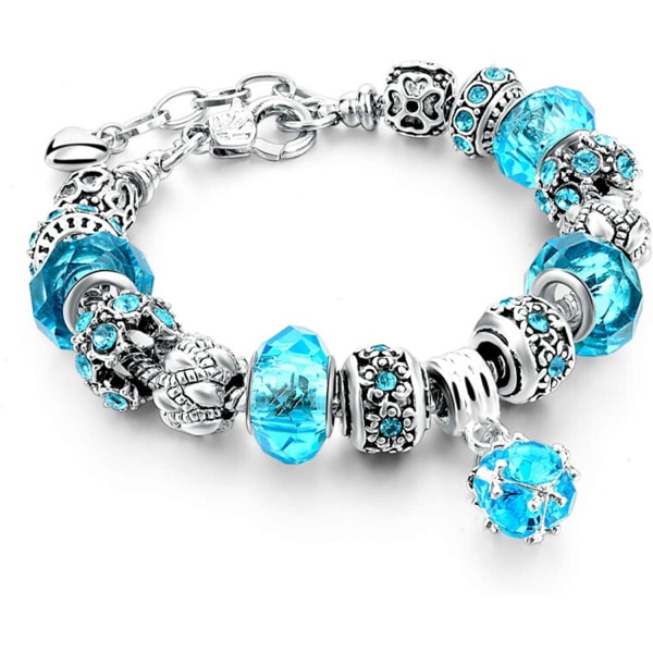 Blått tema sølvbelagte sjarmarmbånd for kvinner og tenåringer, justerbart smykkegavesett, passer 7,5"+1,5"