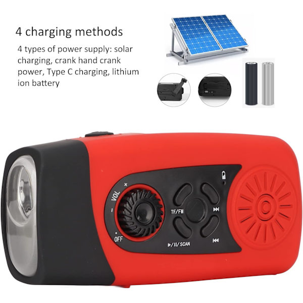 Vejrradio, 2000mAh Solcelledrevet Nød Håndsving Radio med LED Lommelygte, SOS Alarm