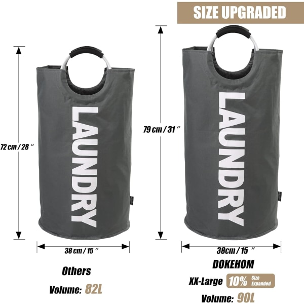 90L Stor Vasketøjskurv, Sammenklappelig Vasketøjskurv, Fritstående Høj Vasketøjskurv, Sammenklappelig Vasketøjskasse (Mørkegrå)