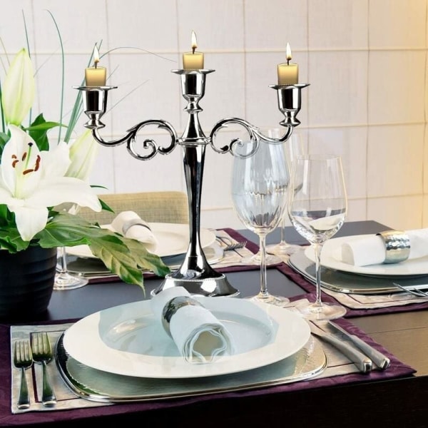 Ljusstake med 3 grenar Vintage metallljushållare för bröllopsdekorationsbord (färg: silver)