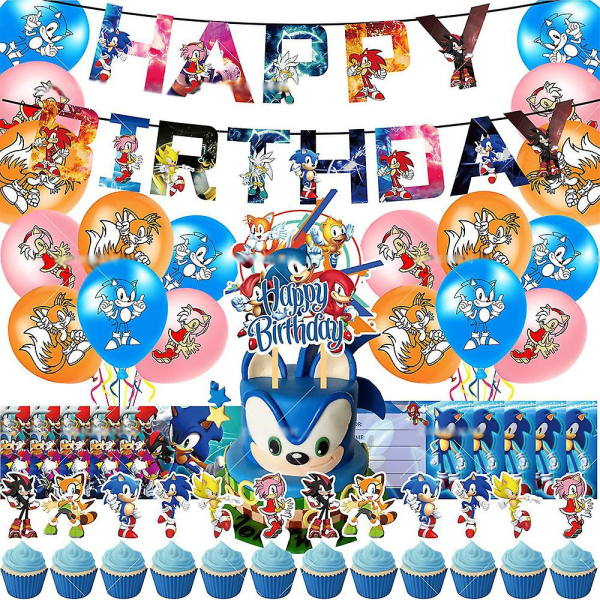 Sonic The Hedgehog -teemainen syntymäpäiväjuhlan koristeilmapallot, banneri, kakunkoriste ja kutsukorttisarja
