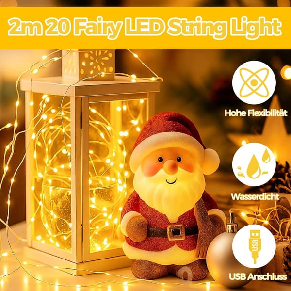 USB-driven LED-slinga 2 meter 20 LED varmvit vattentät inomhus utomhusdekoration för bröllop jul balkong sovrum DIY