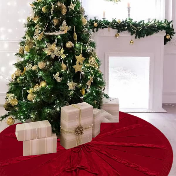 Julerød kabelstrikket juletrefot – Festlig heklet skjørt til julepynt 122cm/48 inches in diameter [Red]
