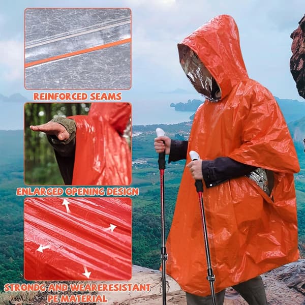 Vanntett Nødponcho Og Multisportteppe 130X100 Cm Oransje Camping Tur Regnbeskyttelse