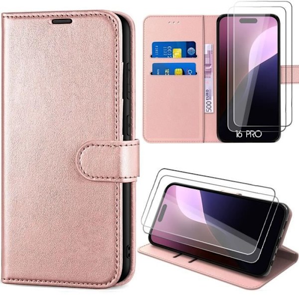 Härdat Glas + Fodral för iPhone 16 Pro, Repskyddande Läderlook Plånboksfodral Rosa