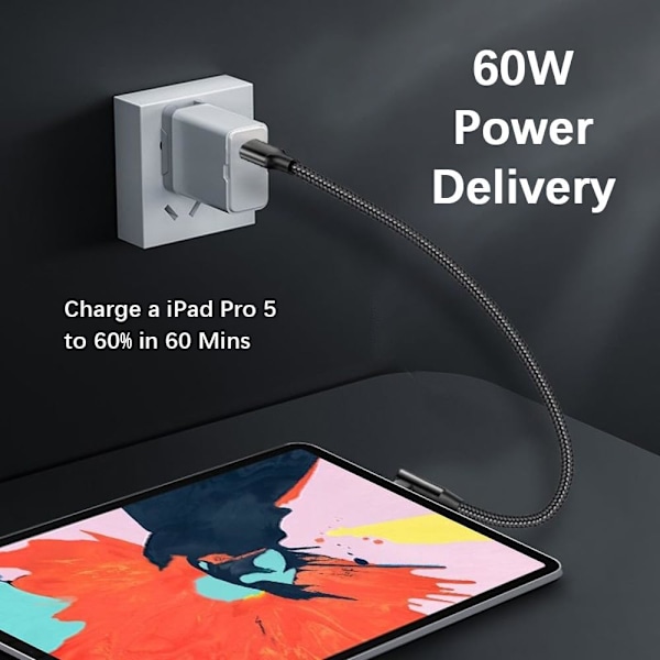 [2-pak/1M] USB C til USB C-kabel, flettet 60W 20V/3A USB Type C til Type C PD hurtigladekabel 90 grader (svart)