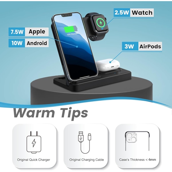 Trådlös laddningsstation för flera enheter: 3-i-1 snabbladdningsstativ för Apple-produkter iPhone 14 13 12 11 Pro Max XS XR X 8 Plus Watch