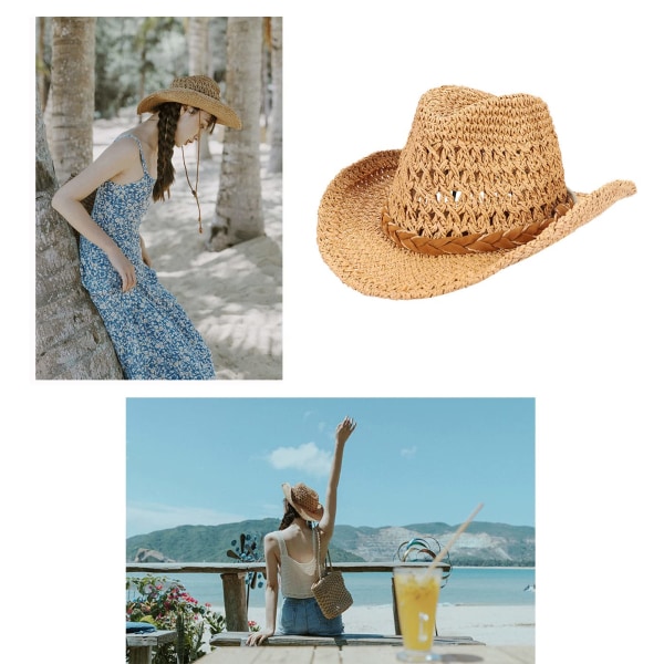 Olki Cowboy-hattu Leveälierinen aurinkohattu Cowgirl Summer Panama -hattu leukahihnalla Miehet Naiset Sombrero Travel Outdoor Perhehattu