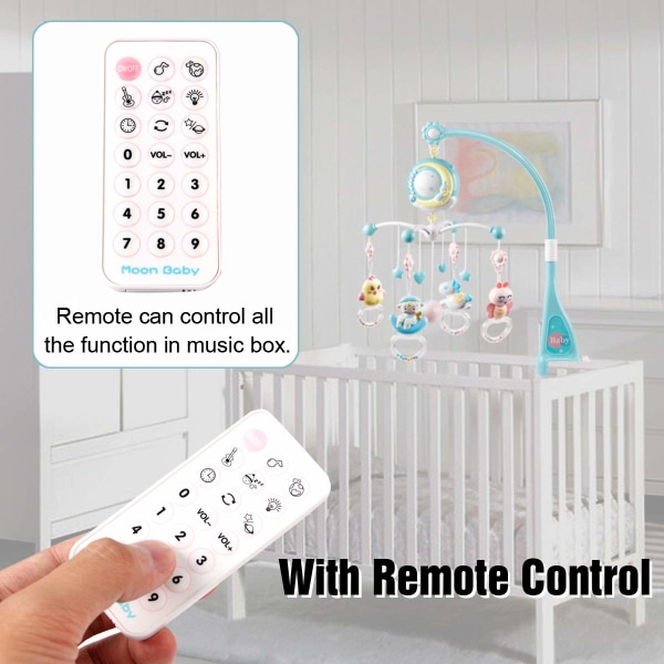 Baby Crib Mobile med hængende roterende legetøj, Take Along Music Box og projektorfunktion, Timing Remote, Perfekt gave til baby sovende-blå