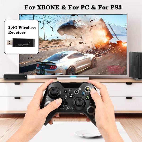 Trådløs kontroller for Xbox One, Xbox-kontroller med 2,4 GHz trådløs adapter, Xbox One X/Xbox One S/PS3 og PC (svart)