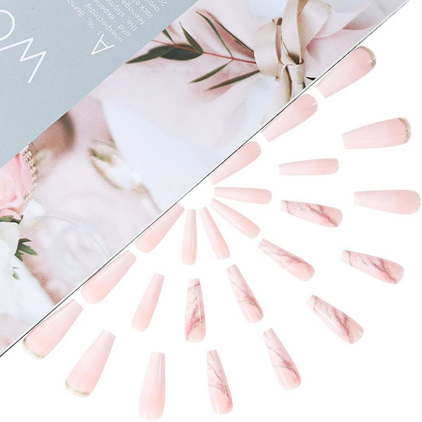Kiste falske negler marmor lange falske negler gullfolie trykk på negler ballerina akryl stikk på negler 24 stk for kvinner og jenter beige