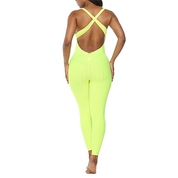 Women Sexy Plant Open Back Solid Color Yoga Sports Jumpsuit Silver Yellow,M