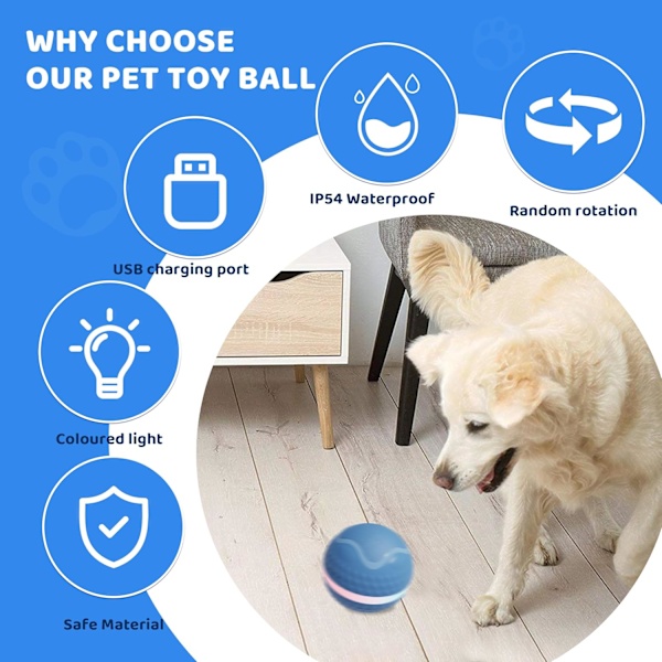 Interaktiva Hundbollleksaker, Peppy Pet-boll för Uttråkade Hundar med LED-ljus, Aktiverad Automatisk Rullande Bollleksak (Blå)