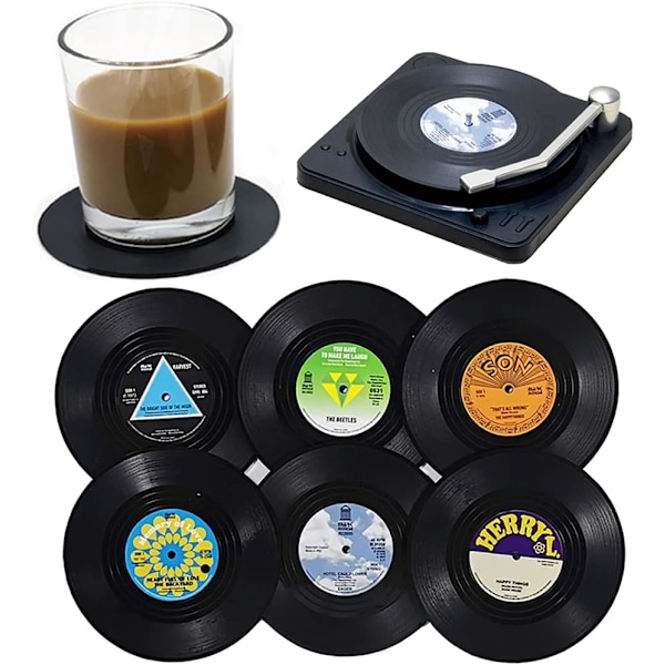 6 stk Retro CD Brikker med Holder Vinyl Koppmatter Sklisikker