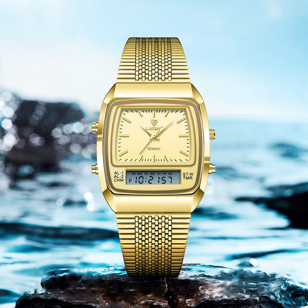 Nyt Fashion Casual Ur Mænds Digitale Dobbelt Tid Uge Guld Sport 3bar Vandtæt Quartz Armbåndsur Ur relogio masculino L1030 gold with box