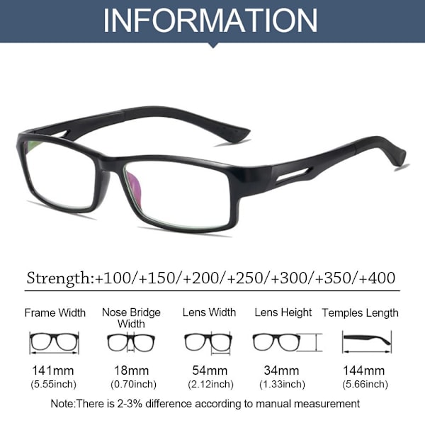 Anti-Blå Lys Læsebriller Firkantede Briller BLACK Sort Black Strength 400