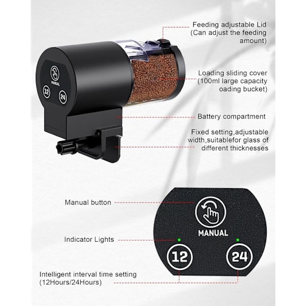 Automatic Feeder - Automatic Aquarium Feeder - Large 100ml Capacity - With Adjustable Feeding Timer - Battery Operated - Suitable for Flakes and Pellets