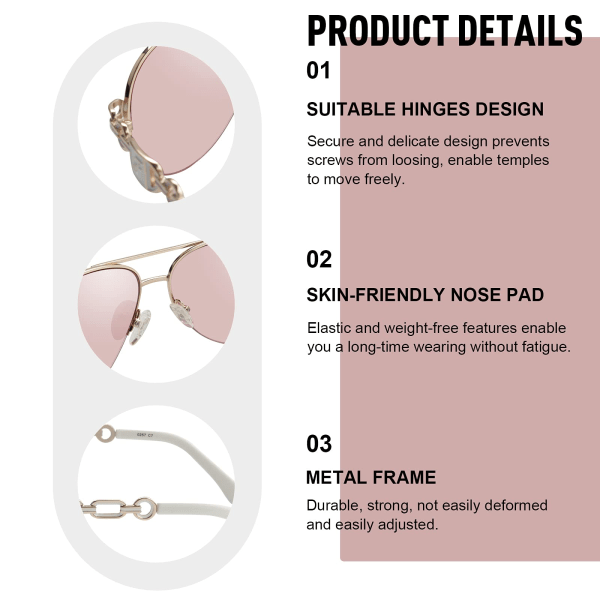 Solbriller for kvinner Menn Speilsolbriller Rund metallinnfatning UV-beskyttelse-rosa