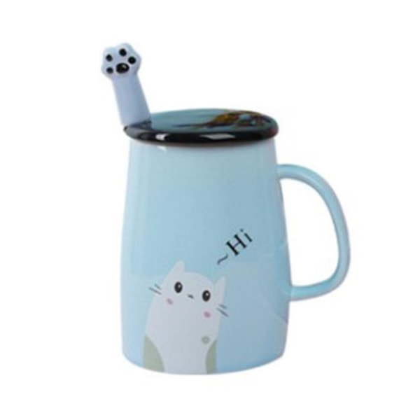 Søt kattekrus Keramisk kaffekrus med kitty rustfri stålskje, blå