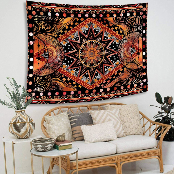 Oranssi Aurinko ja Kuu -taustakuva, Cool Indie Hippie Mandala -taustakuva, esteettinen tapetti makuuhuoneeseen, olohuone, makuusali (oranssi, 28" × 37")