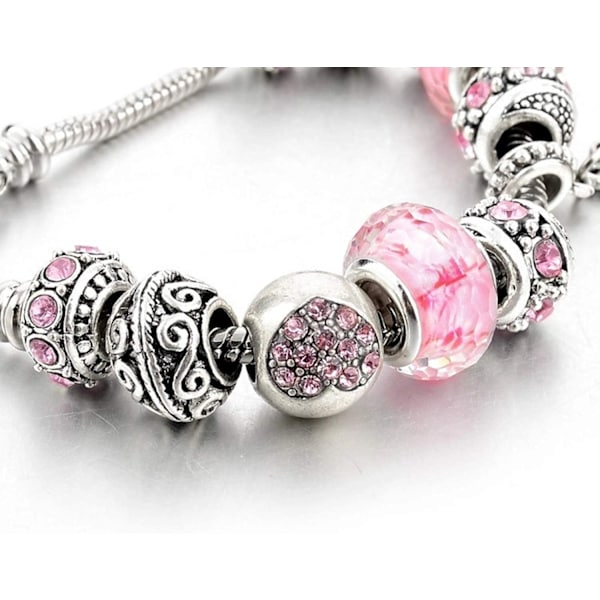 Rosa hjärtan silverpläterat armbandset, smyckesgåvor med pärlor, berlocker och justerbar ormkedja, passar 7,5\" + 1,5\"