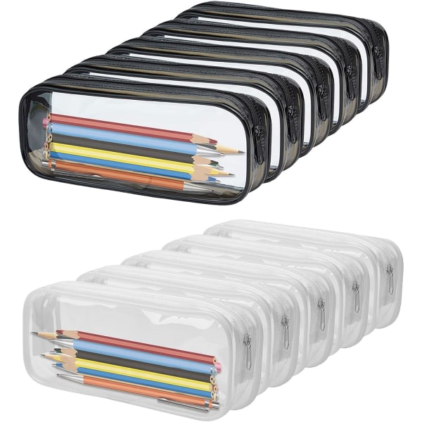 10 Pack Transparent Zipper Case Large Capacity PVC Pencil Case Makeup Bag Travel Toiletry Bag for School Office Papers, (Black+White)