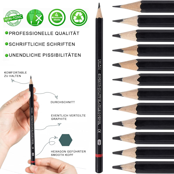 12-delars skissblyertspennor, set med 2 vita suddgummin, set (8B 7B 6B 5B 4B 3B 2B B HB FH 2H), professionella pennor för flickor, pojkar,