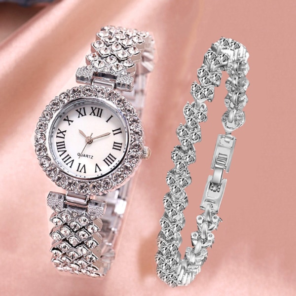 Watch för kvinnor Stålarmband Kärleksbälte Rhinestone Quartz Watch Mode (silver)