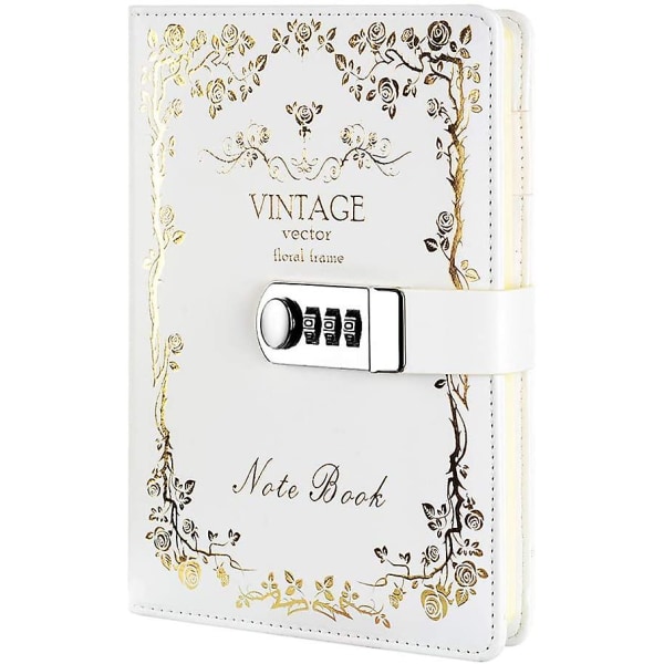 Notesbog med kombinationslås - personlig dagbog med hængelås - Pu læder hemmelig notesblok til kontor, kortpenholder, størrelse 215*150 mm guld