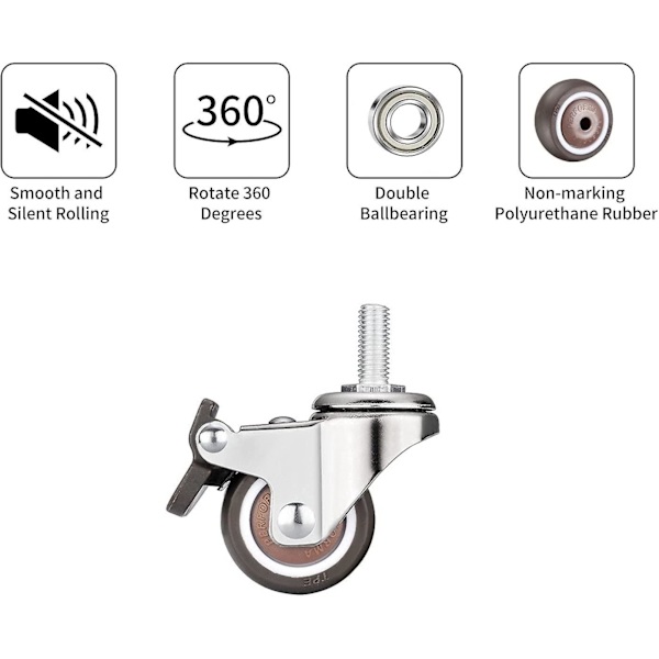 4 kpl pieniä huonekalupyöriä 25 mm pehmeät TPE-kumipyörät M6 x 15 mm kierre (2 kpl jarrulla) (25 mm)