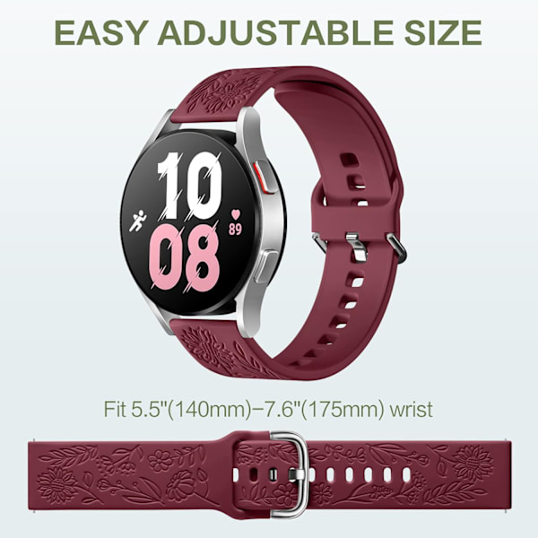 Auringonkukkakaiverrettu ranneke, yhteensopiva Samsung Galaxy Watch 7 6 5 4 40mm 44mm naisten kanssa, 20mm pehmeä silikoniranneke Galaxy Watch_xx -kelloon Wine Red