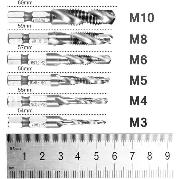 Bitar Sexkantskaft HSS Borr M3-M10 Gängskruv - Silver