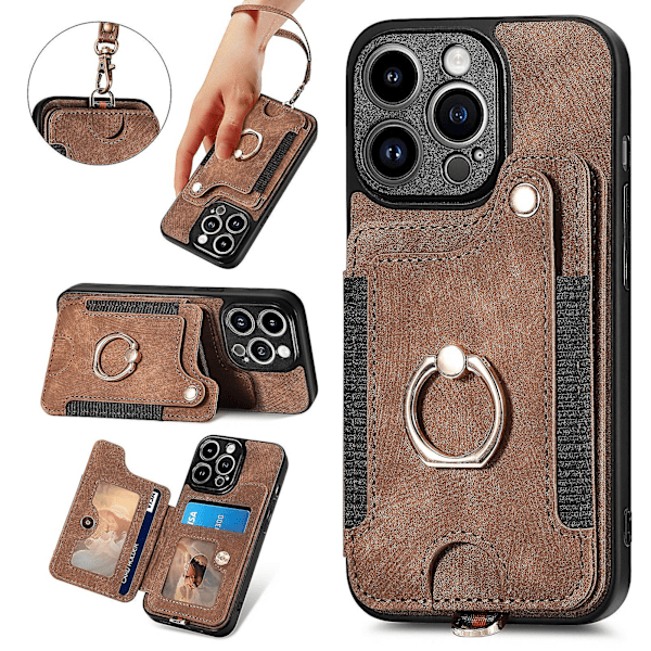 Pengebok RFID Kredittkort Holder Ring Stativ Telefonveske For Iphone 15 Pro/15 Pro Max 15 Ultra Med Håndleddsstropp Brun Brown iPhone 15 Pro