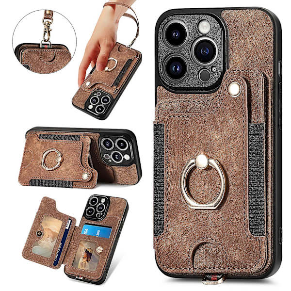 Plånboksfodral med RFID-skydd, kreditkortshållare, ringstativ och handledsrem för iPhone 15 Pro/15 Pro Max 15 Ultra Brown iPhone 15 Pro Max
