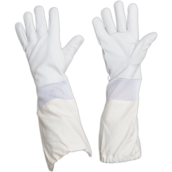 Premium getskinn läder biodlare handskar med vit ventil lång canvas ärm med elastisk manschett (XL) XL