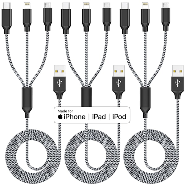 Multiladdarekabel 3-pack 4FT Multiladdarekabel Snabbladdningskabel USB-laddningskabel 3 i 1