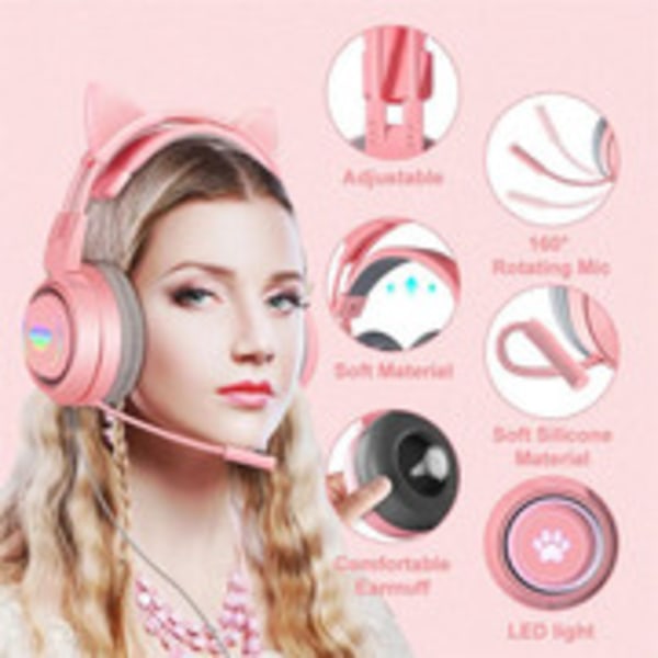 Kablet Gaming Headset Søte Katteører RGB Bakgrunnsbelysning Over-ear Hodetelefoner Støydempende Mikrofon Surroundlyd for Bærbar PC Pink