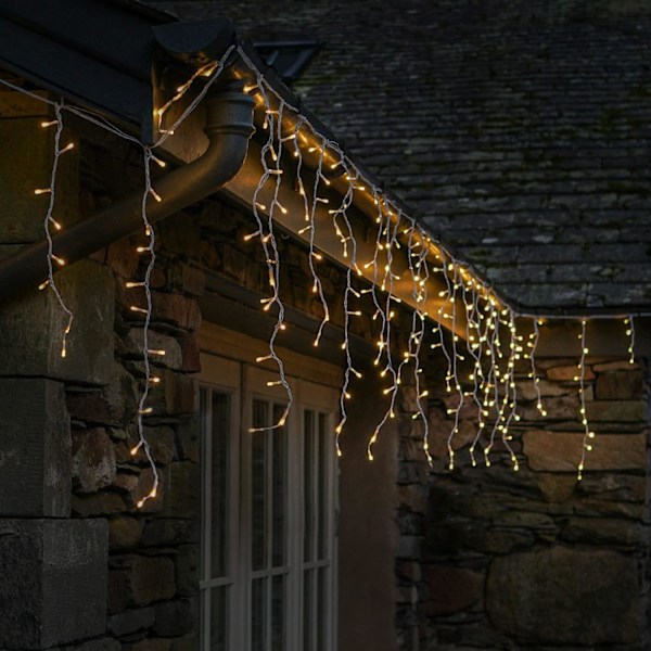 5 m LED-gardin + 3 m strömkabel, med 200,400 stänksäkra LED-lampor, 8 driftslägen med minnesfunktion, varmvit, 5 m