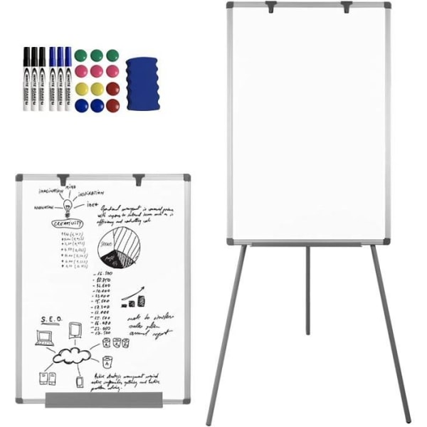 Aufun Flip Whiteboard 90 x 60 cm med stativ, høydejusterbar, magnetisk og skrivbar (stativ)