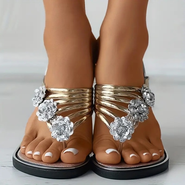 Damflip-flops med blommönster, trendiga öppna tofflor med halkfritt grepp, strandtofflor för utomhusbruk