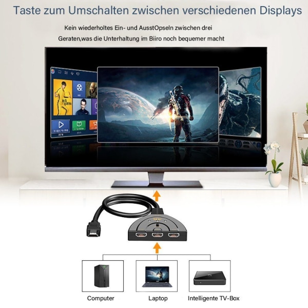 HDMI Converter 3 to 1 HDMI Splitter 4K kaapelilla HDTV:lle/Blu-ray/DVD:lle