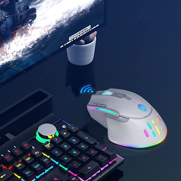 Trådløs Gaming Mus, Trådløs og Kablet Dobbelmodus Oppladbar RGB Gaming Mus med 9 Knapper, Ergonomisk og 3 Justerbare DPI (Hvit)