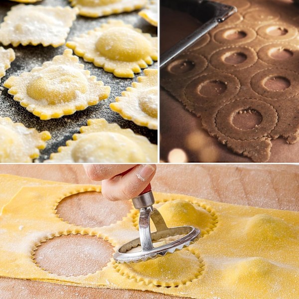 Ravioli Stempel Sæt, Firkantet Rund Ravioli Maker med Træhåndtag og Rillet Kant, Ravioli Maker med Pasta Rulle Hjul Sæt